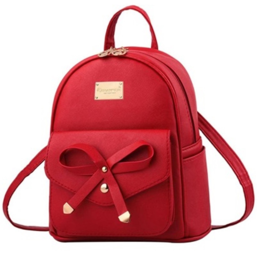 Girls Bright Red Bowknot Small Leather Mini Backpack